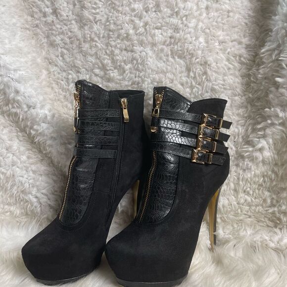 Bebe synthetic suede & lizard print hidden platform heels gold tone buckles SZ8 - Picture 4 of 13